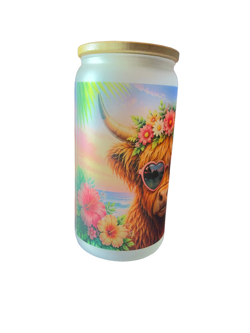 Sunshine Highland Cow 16oz Glass Cup with Bamboo Lid and Straw