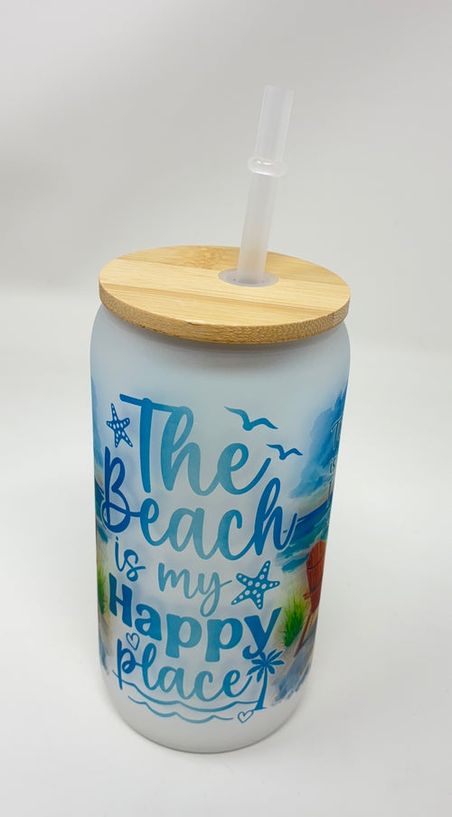 Beach 16oz Glass Cup with Bamboo Lid and Straw