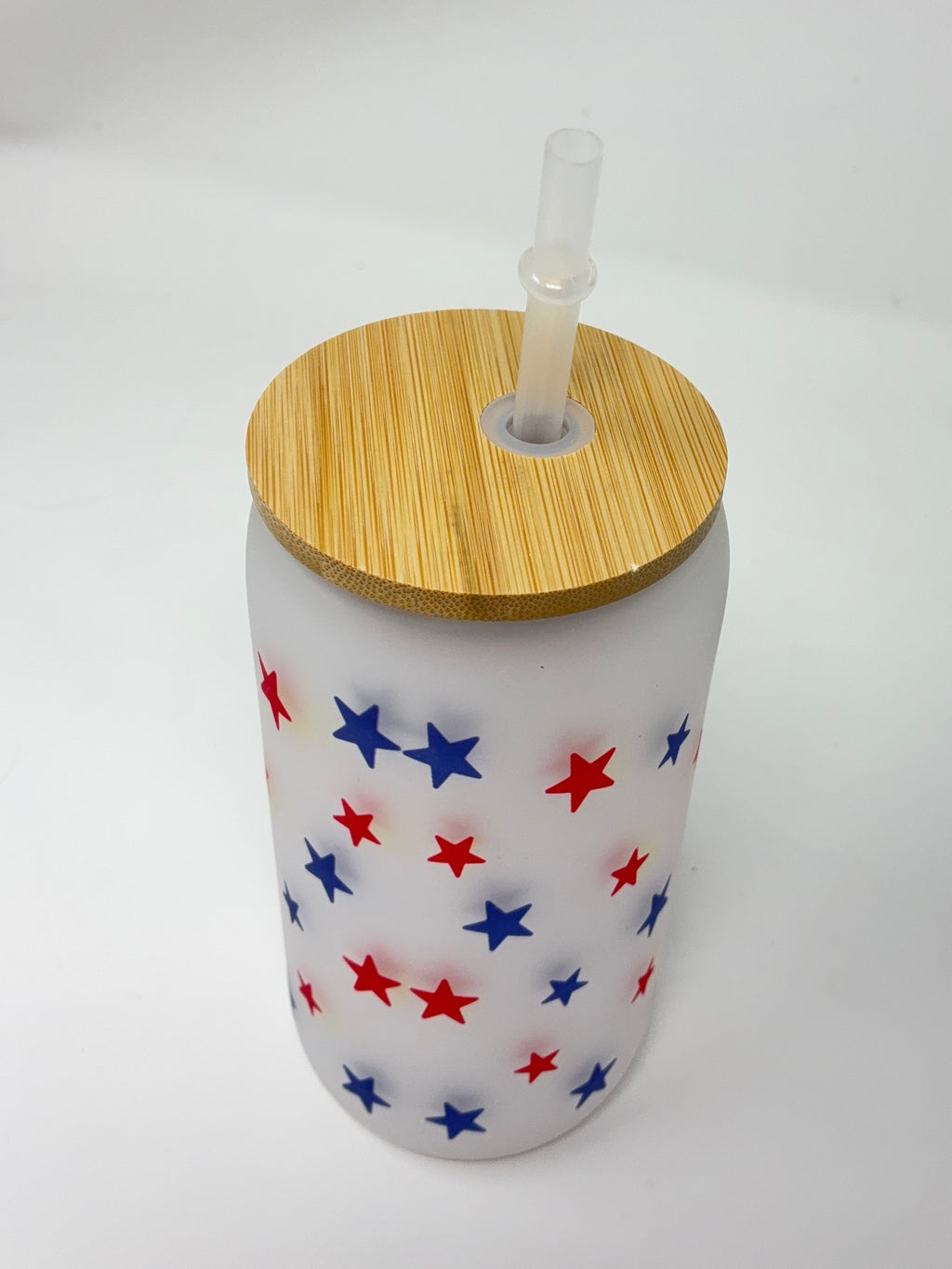 Happy Birthday America 16oz Glass Cup with Bamboo Lid and Straw