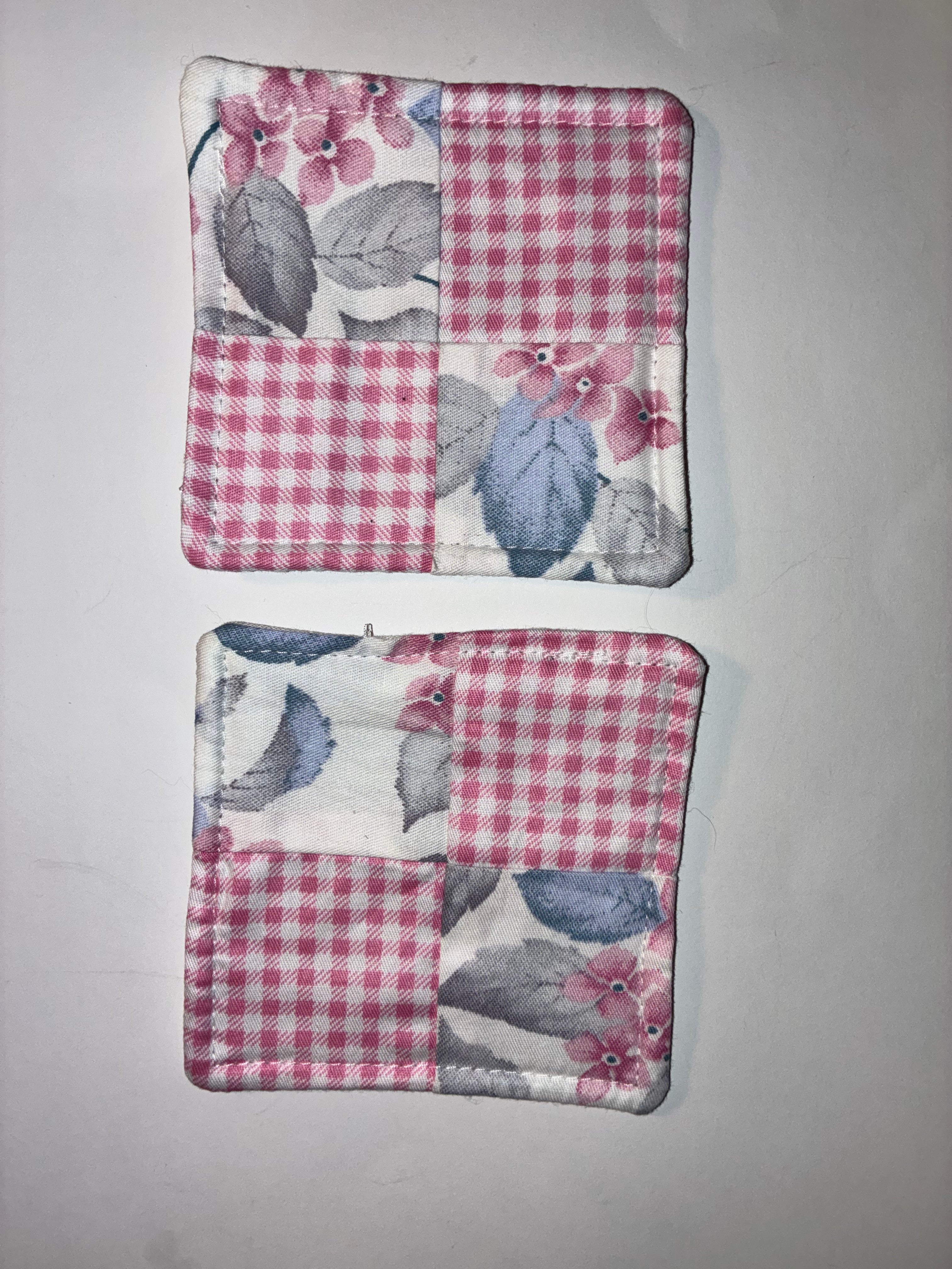 Pink Plaid and Blue Flower Quilted Coaster Set - 2 Pack