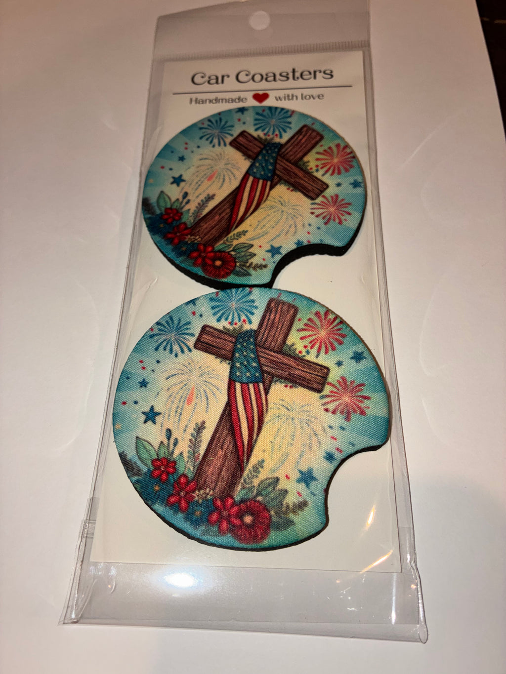 Religion/Fireworks car coasters
